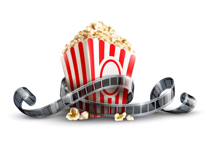 paper bag with popcorn and movie reel